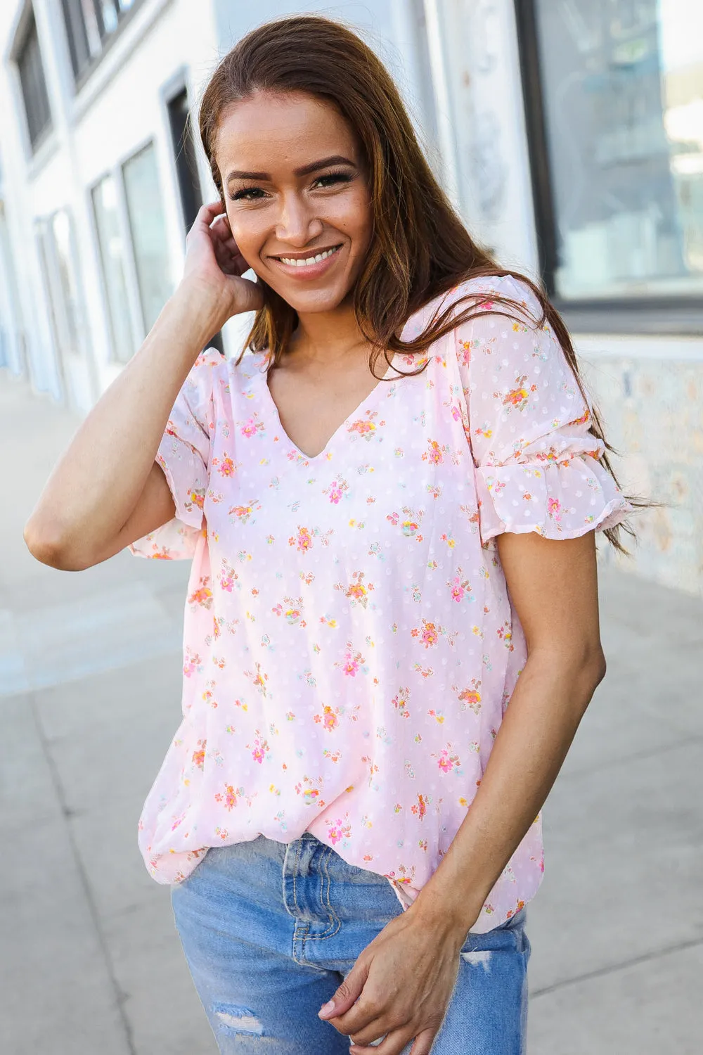Feeling Whimsical Blush Chiffon Ruffle Sleeve Lined V-Neck Blouse sold by Charming Charlie product image thumbnail 3