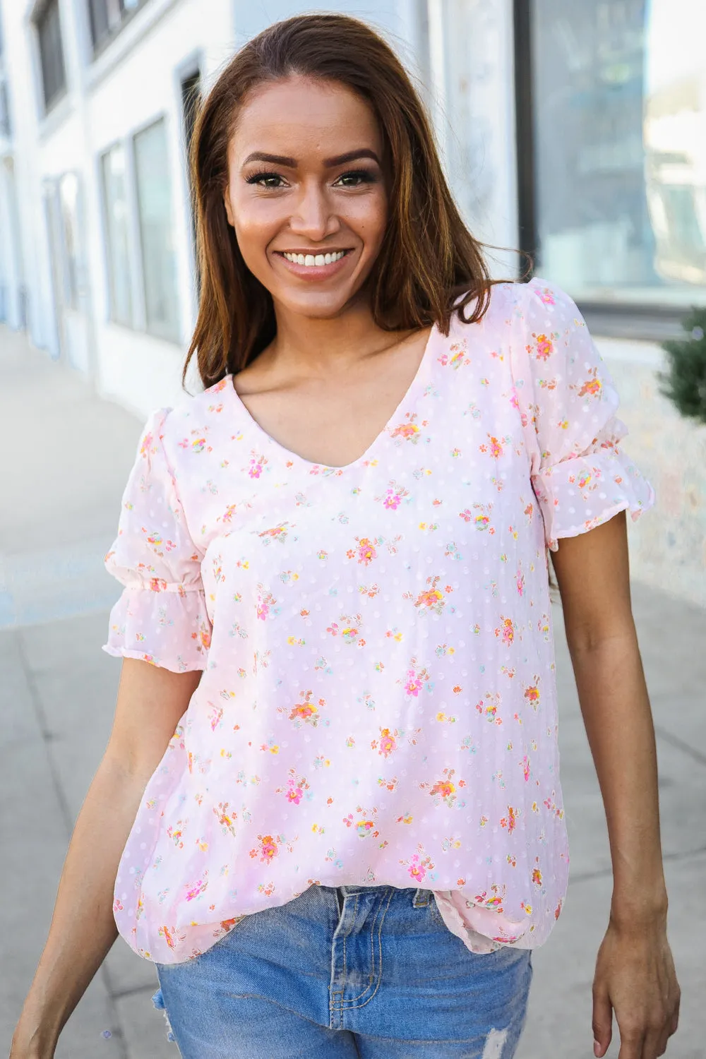 Feeling Whimsical Blush Chiffon Ruffle Sleeve Lined V-Neck Blouse sold by Charming Charlie
