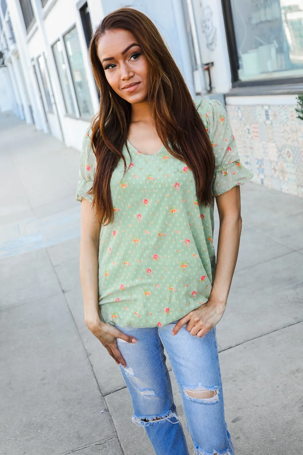 Feeling Whimsical Sage Chiffon Ruffle Sleeve Lined V-Neck Blouse sold by Charming Charlie product image thumbnail 4