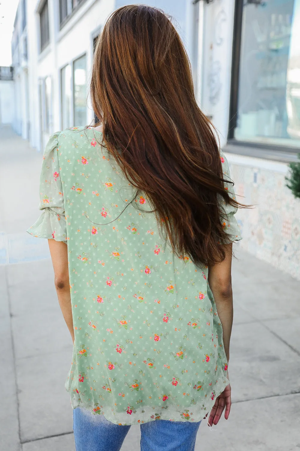 Feeling Whimsical Sage Chiffon Ruffle Sleeve Lined V-Neck Blouse sold by Charming Charlie product image thumbnail 2