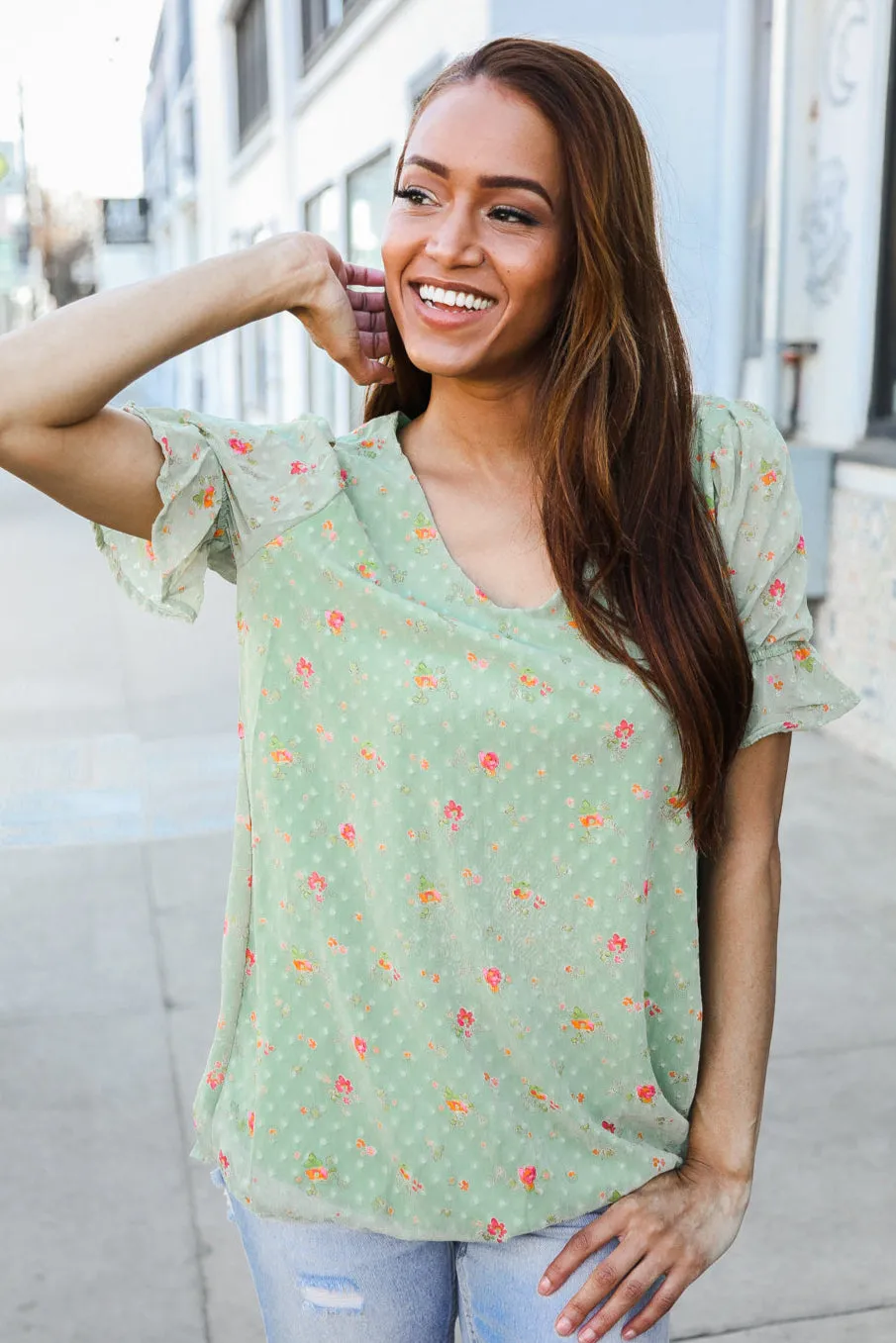 Feeling Whimsical Sage Chiffon Ruffle Sleeve Lined V-Neck Blouse sold by Charming Charlie