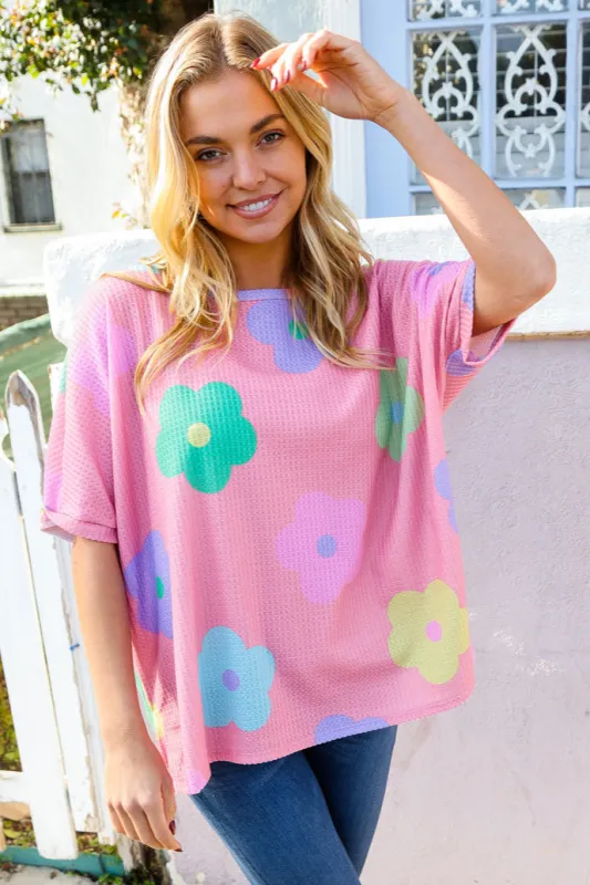Weekend Ready Pink Multicolor Flower Print Waffle Dolman Top sold by Charming Charlie