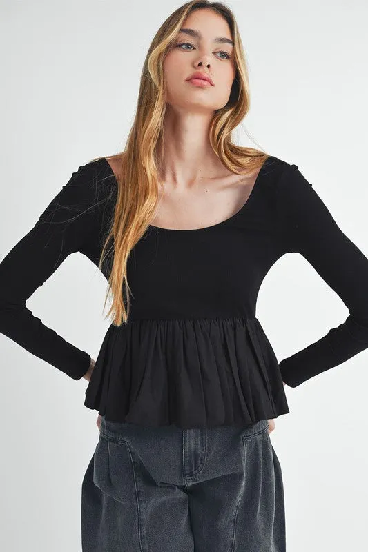 Knit Long Sleeve Scoop Neck Peplum Patchwork Top sold by Charming Charlie
