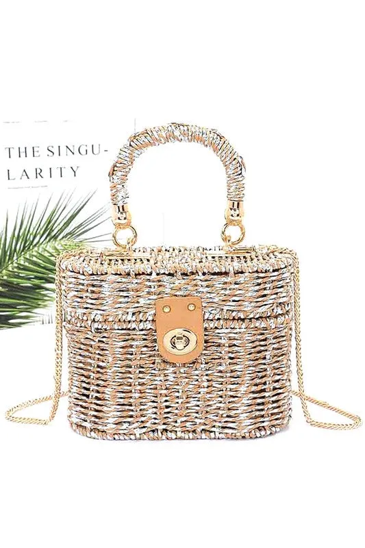 Faux Straw Metallic Top Handle Box Clutch Bag sold by Charming Charlie product image thumbnail 2