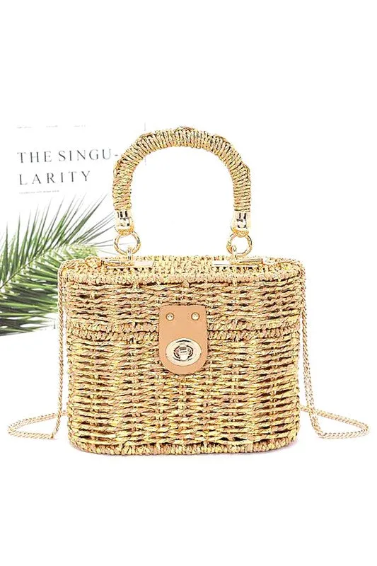 Faux Straw Metallic Top Handle Box Clutch Bag sold by Charming Charlie