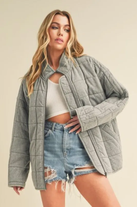 Aemi + Co Zip Up Drop Shoulder Quilted Washed Jacket sold by Charming Charlie