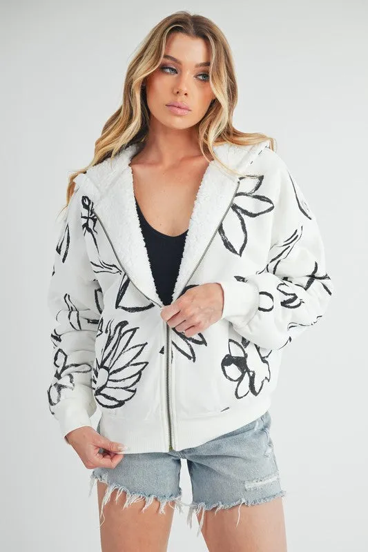Aemi + Co Flower Print Zip Up Sherpa Hoodie sold by Charming Charlie