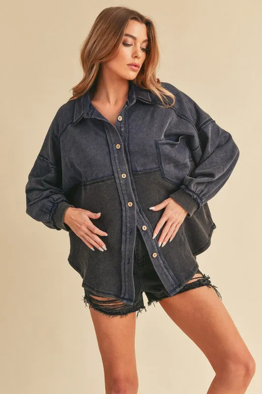 Aemi + Co Acid Washed Exposed Seam Button Up Jacket sold by Charming Charlie