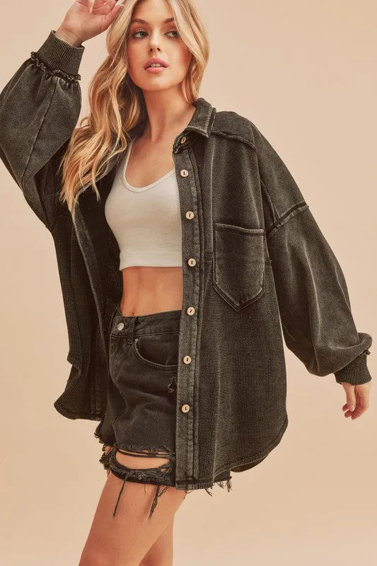 Aemi + Co Acid Washed Exposed Seam Button Up Jacket sold by Charming Charlie