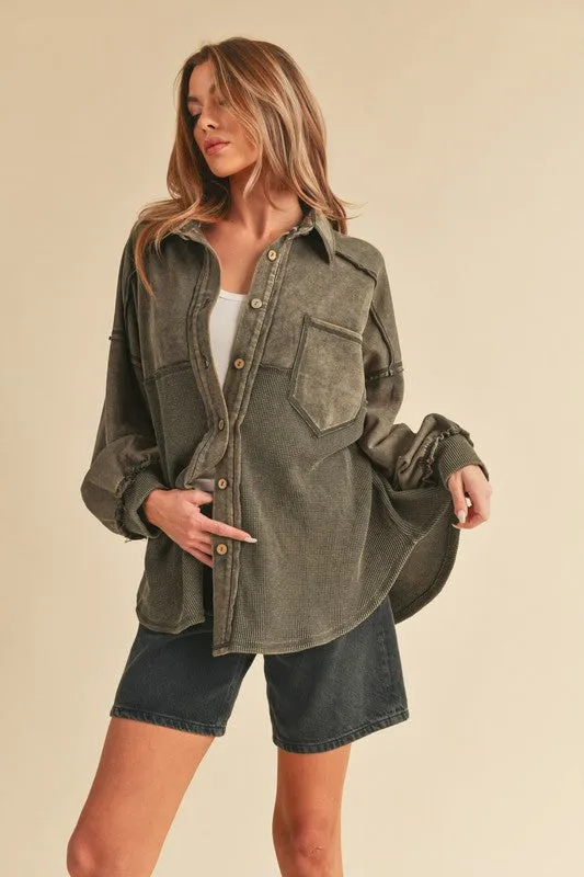 Aemi + Co Acid Washed Exposed Seam Button Up Jacket sold by Charming Charlie