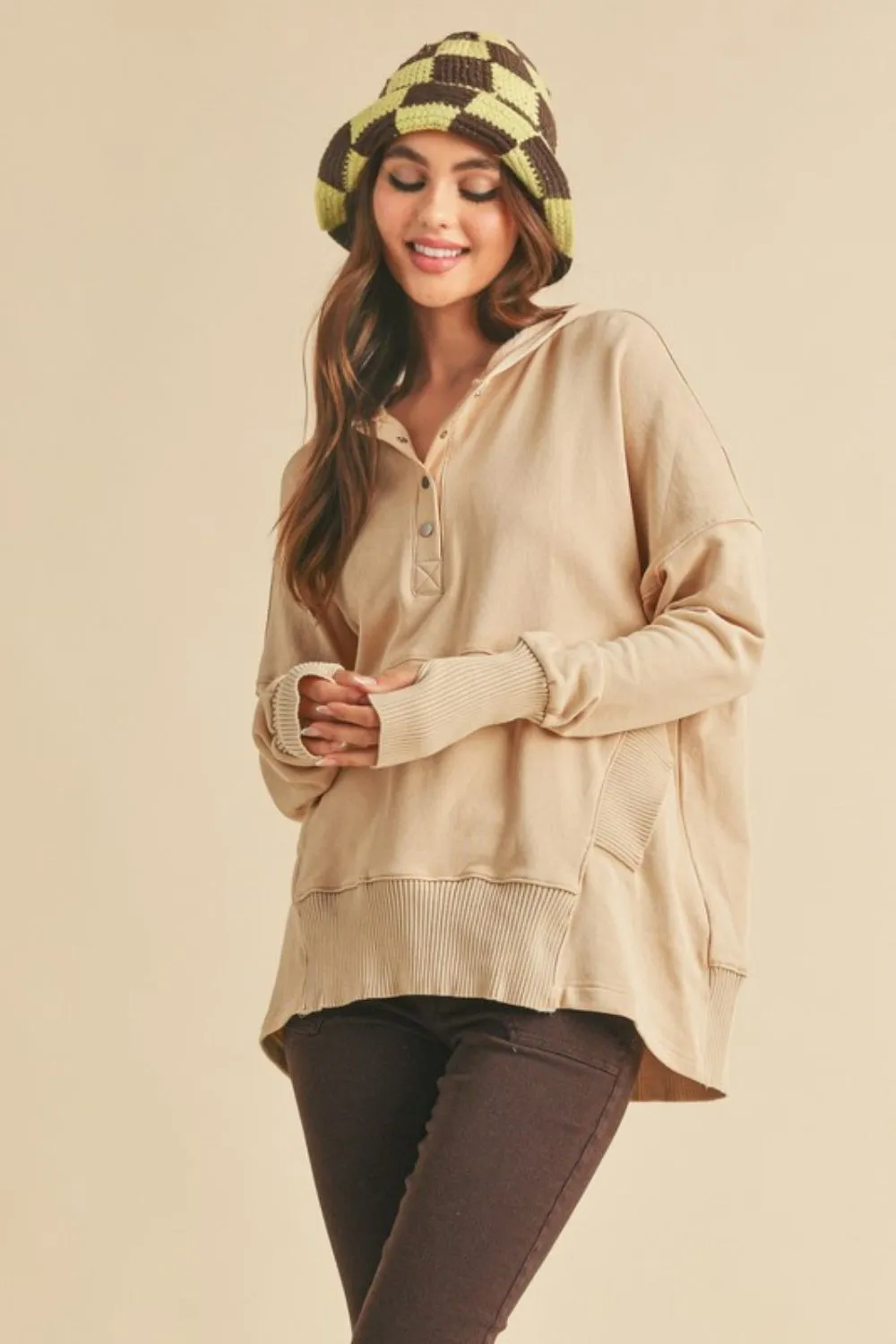 Aemi + Co Half Snap Dropped Shoulder Hoodie sold by Charming Charlie
