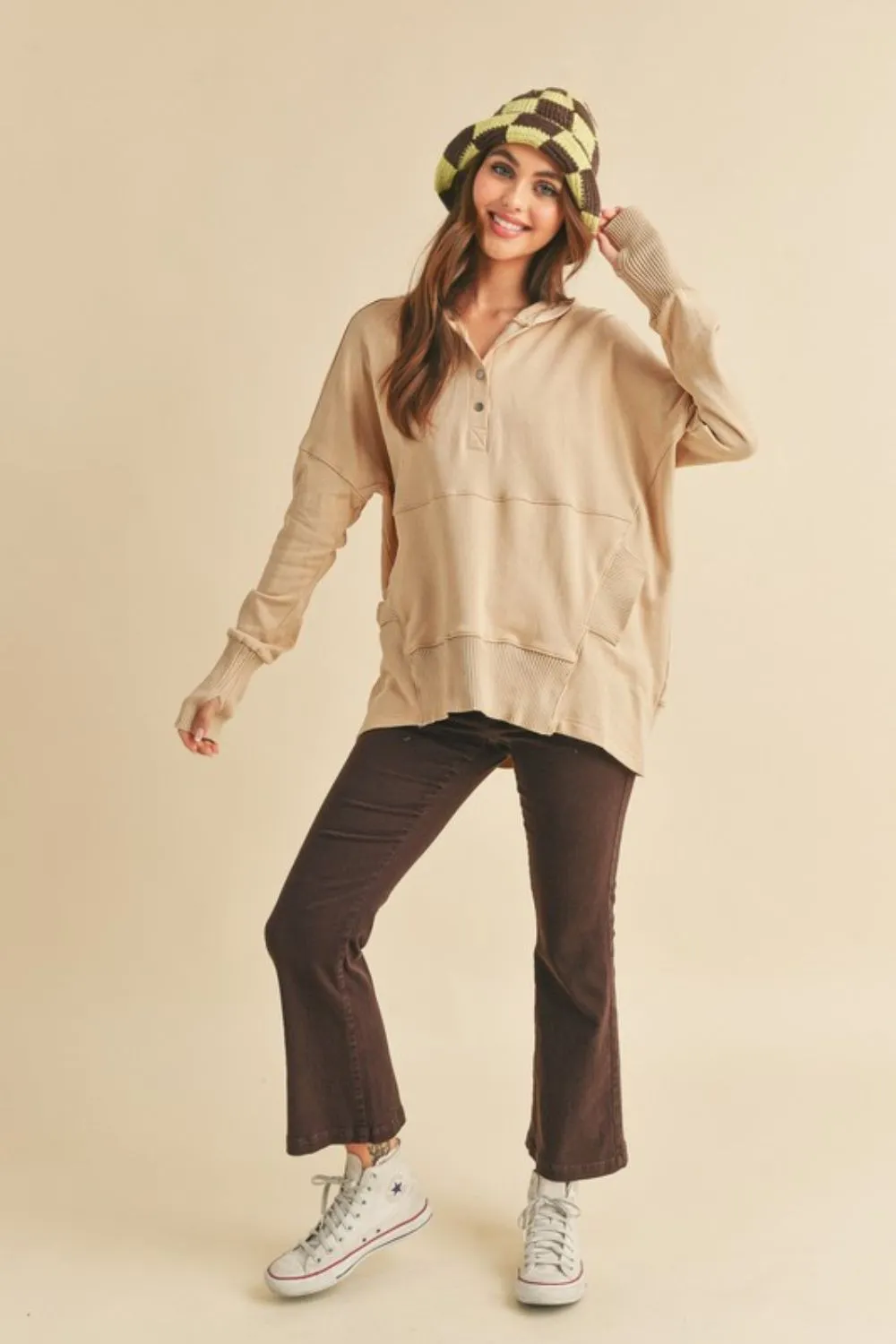 Aemi + Co Half Snap Dropped Shoulder Hoodie sold by Charming Charlie product image thumbnail 3