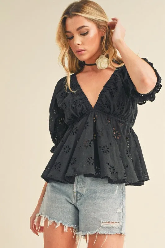 Aemi + Co Eyelet Embroidered V-Neck Half Sleeve Peplum Blouse sold by Charming Charlie product image thumbnail 3