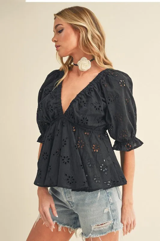 Aemi + Co Eyelet Embroidered V-Neck Half Sleeve Peplum Blouse sold by Charming Charlie product image thumbnail 4