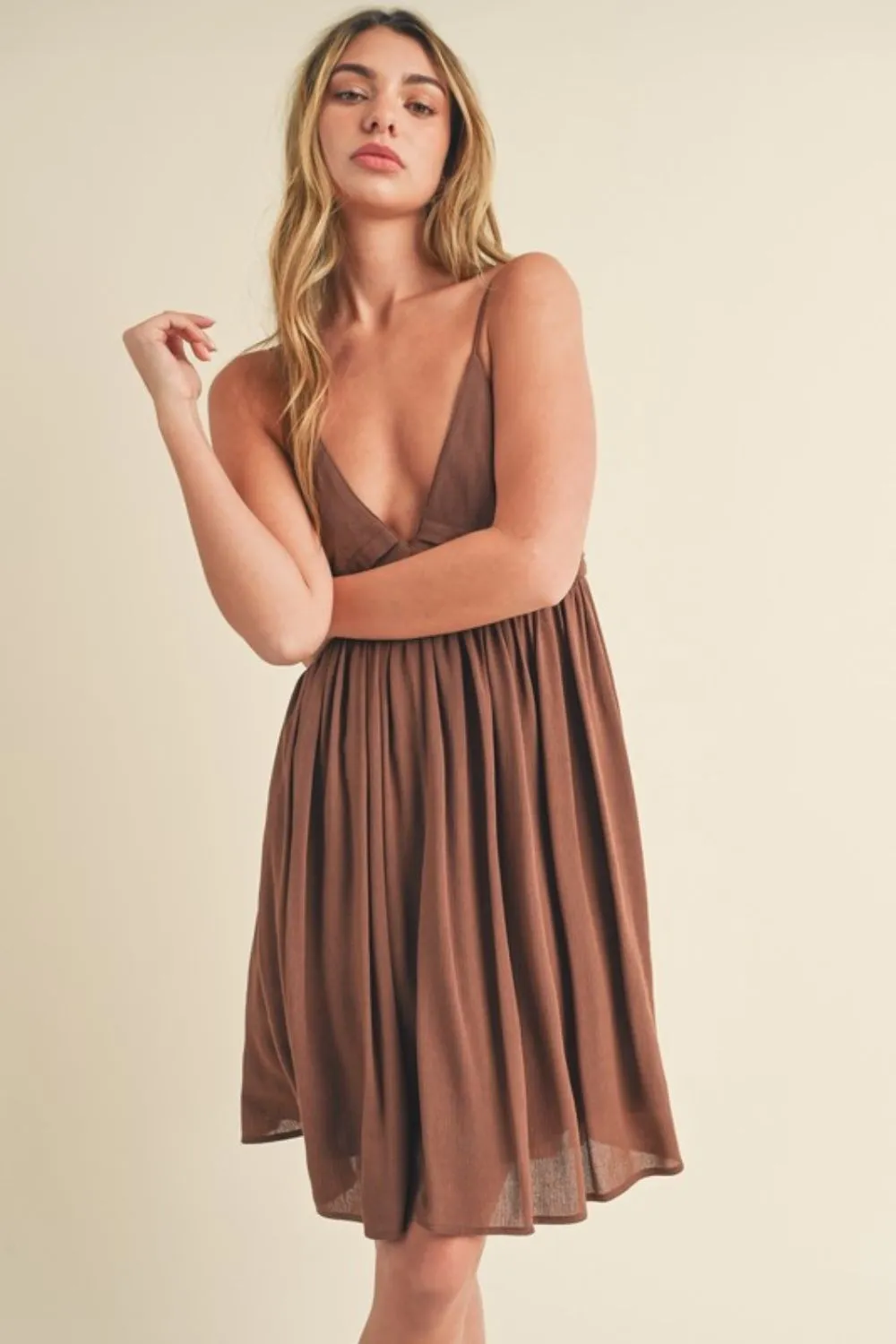 Aemi + Co Ruched Plunge Mini Cami Dress sold by Charming Charlie