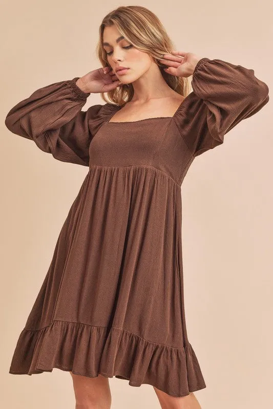 Aemi + Co Ruffled Hem Square Neck Balloon Sleeve Mini Dress sold by Charming Charlie