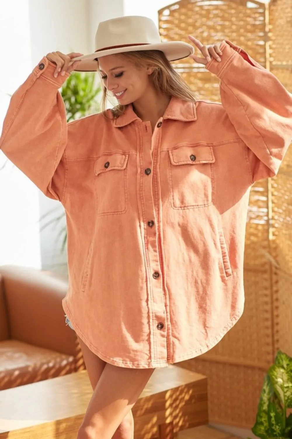 BiBi Washed Button Up Shacket with Chest Pockets sold by Charming Charlie product image thumbnail 2