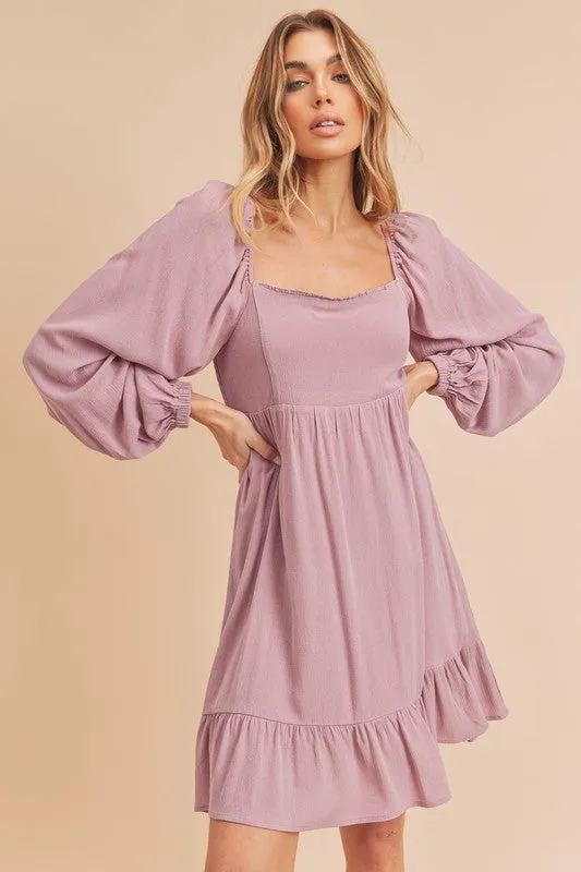 Aemi + Co Ruffled Hem Square Neck Balloon Sleeve Mini Dress sold by Charming Charlie
