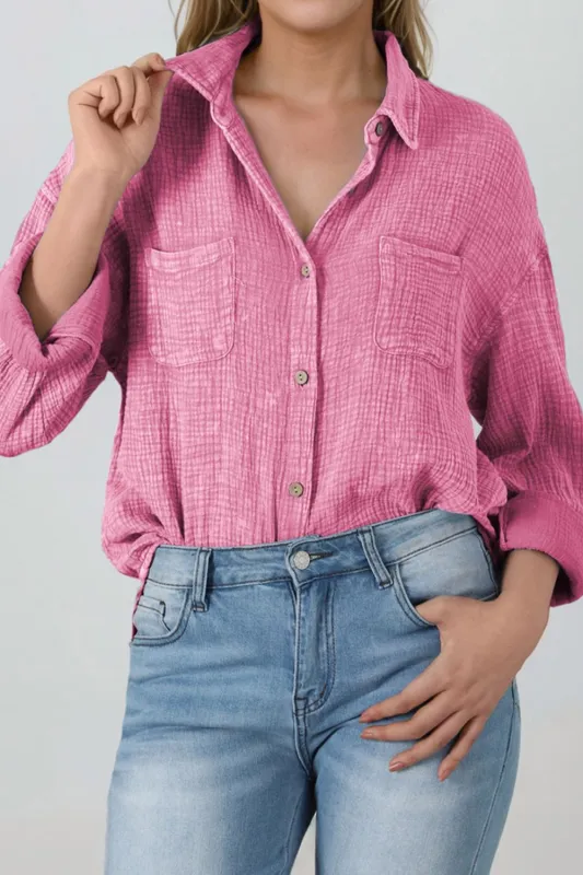 Button Down Collared Neck Long Sleeve Shirt sold by Charming Charlie