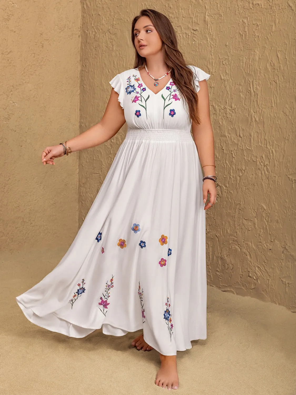Plus Size Embroidered Floral V-Neck Cap Sleeve Maxi Dress sold by Charming Charlie