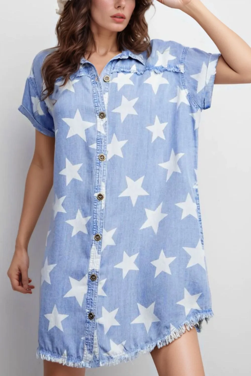 Stars Frayed Hem Collared Short Sleeve Denim Dress sold by Charming Charlie