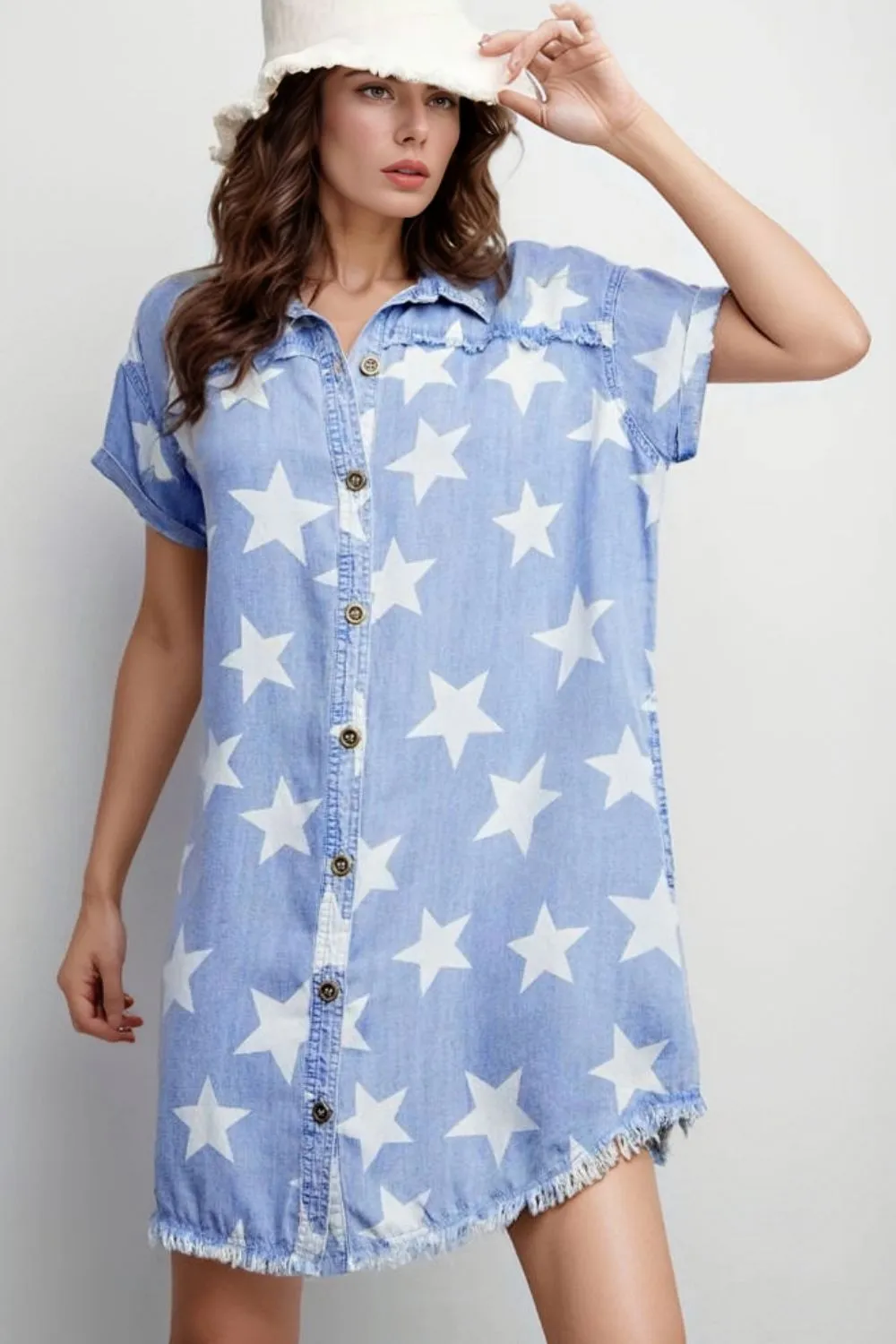 Stars Frayed Hem Collared Short Sleeve Denim Dress sold by Charming Charlie product image thumbnail 2