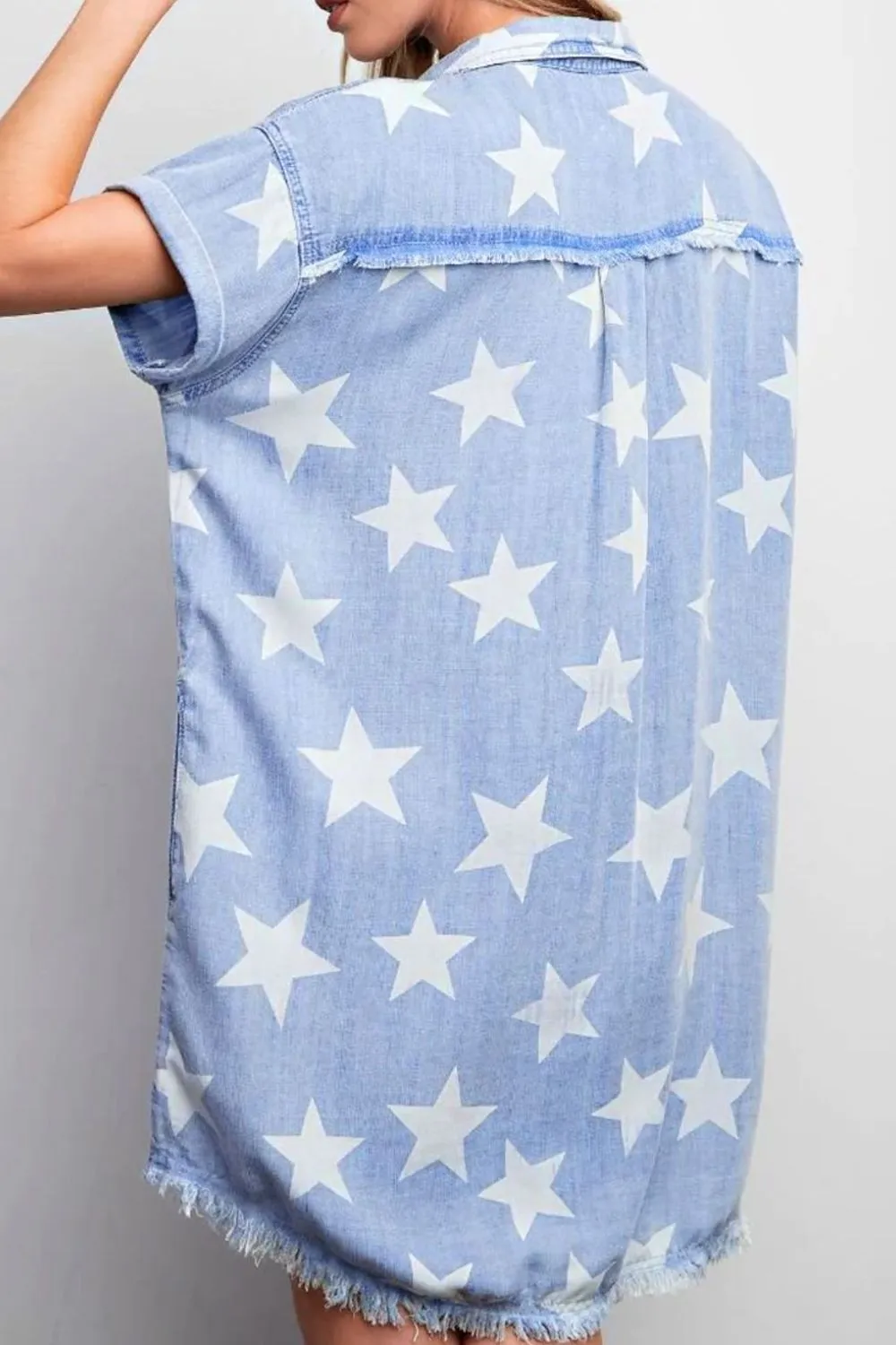 Stars Frayed Hem Collared Short Sleeve Denim Dress sold by Charming Charlie product image thumbnail 3