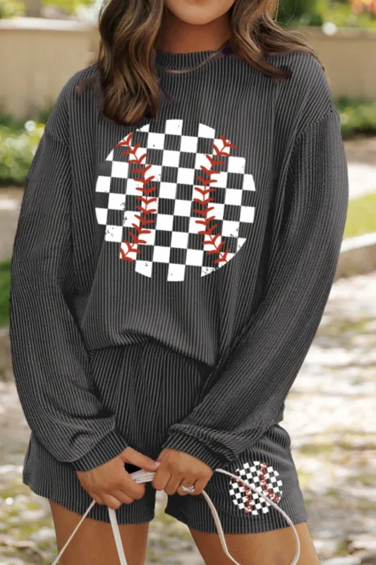Corded Checkerboard Baseball Graphic Long Sleeve Top and Shorts Set sold by Charming Charlie