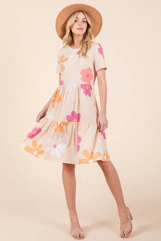 BOMBOM Floral Round Neck Short Sleeve Tiered Dress sold by Charming Charlie