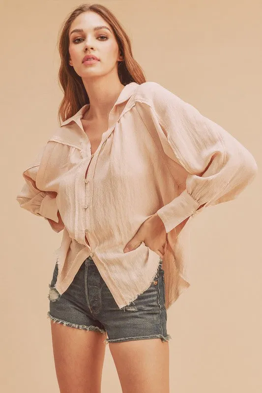 Aemi + Co Raw Hem Button Down Raglan Sleeve Shirt sold by Charming Charlie product image thumbnail 3