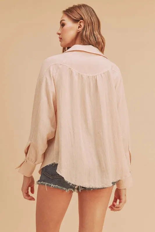 Aemi + Co Raw Hem Button Down Raglan Sleeve Shirt sold by Charming Charlie product image thumbnail 5