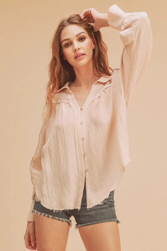 Aemi + Co Raw Hem Button Down Raglan Sleeve Shirt sold by Charming Charlie