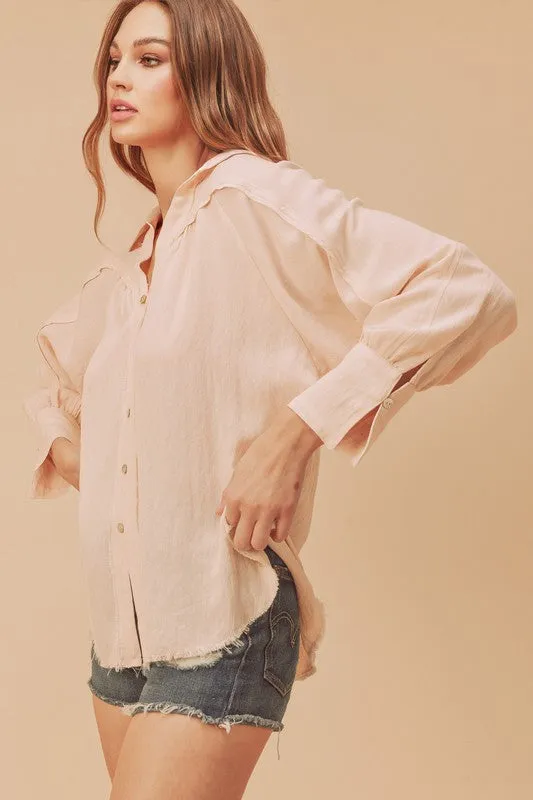 Aemi + Co Raw Hem Button Down Raglan Sleeve Shirt sold by Charming Charlie product image thumbnail 4
