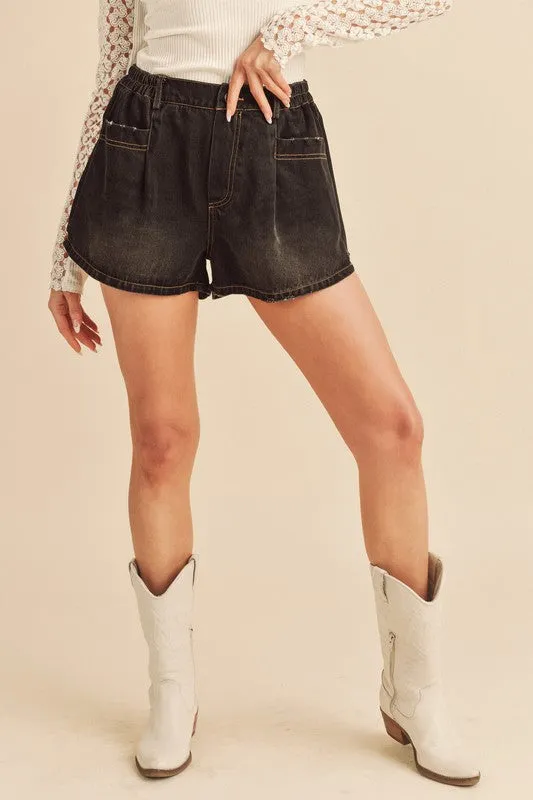 Aemi + Co Frayed Hem Elastic Waist Denim Shorts sold by Charming Charlie
