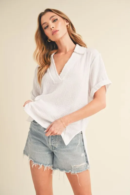 Aemi + Co Side Slit Johnny Collar Short Sleeve Cotton Gauze Blouse sold by Charming Charlie