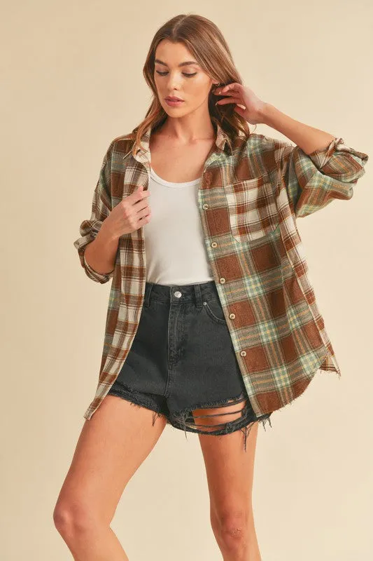 Aemi + Co Frayed Hem Plaid Button Up Flannel Shirt sold by Charming Charlie