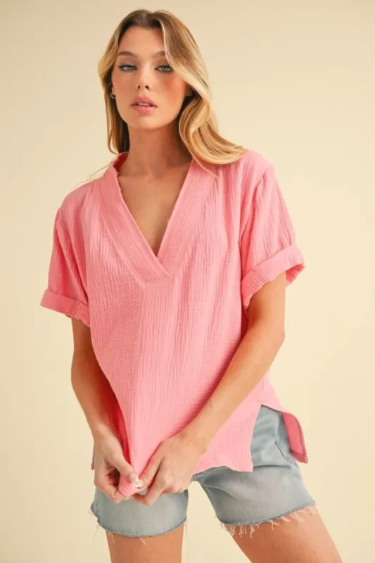 Aemi + Co Side Slit V-Neck Short Sleeve Blouse sold by Charming Charlie