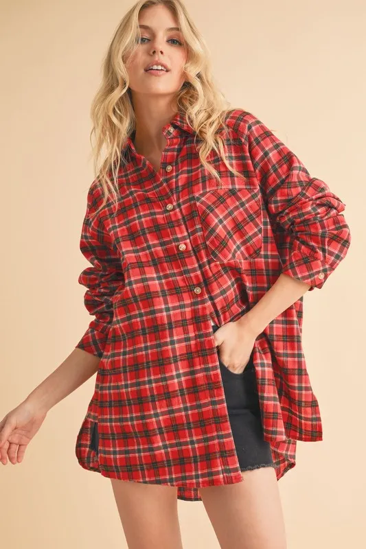 Aemi + Co Plaid Button Up Flannel Shirt with Chest Pocket sold by Charming Charlie