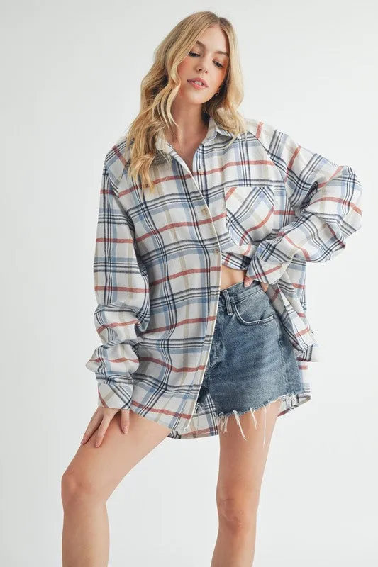 Aemi + Co Plaid Button Up Flannel Shirt with Chest Pocket sold by Charming Charlie