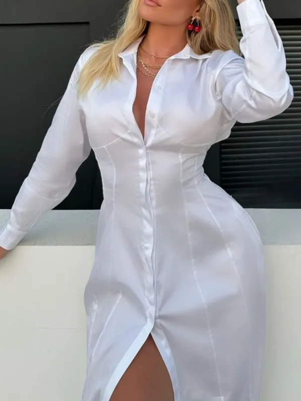 Devine Backless Long Sleeve Midi Shirt Dress sold by Charming Charlie