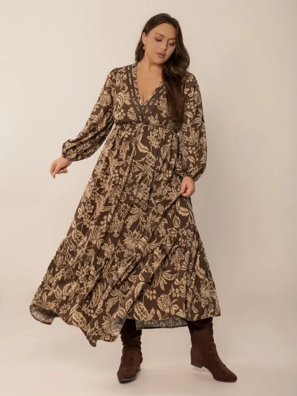 Plus Size Printed V-Neck Balloon Sleeve Maxi Dress sold by Charming Charlie
