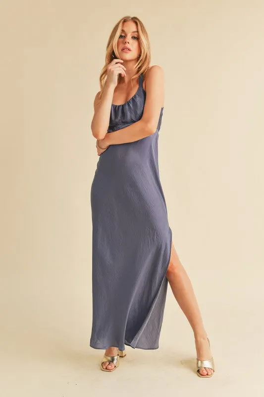 Aemi + Co Ruched Side Slit Cutout Back Maxi Cami Dress sold by Charming Charlie