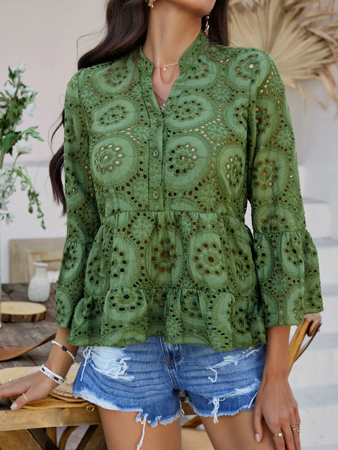 Devine Half Button Flounce Sleeve Peplum Blouse sold by Charming Charlie