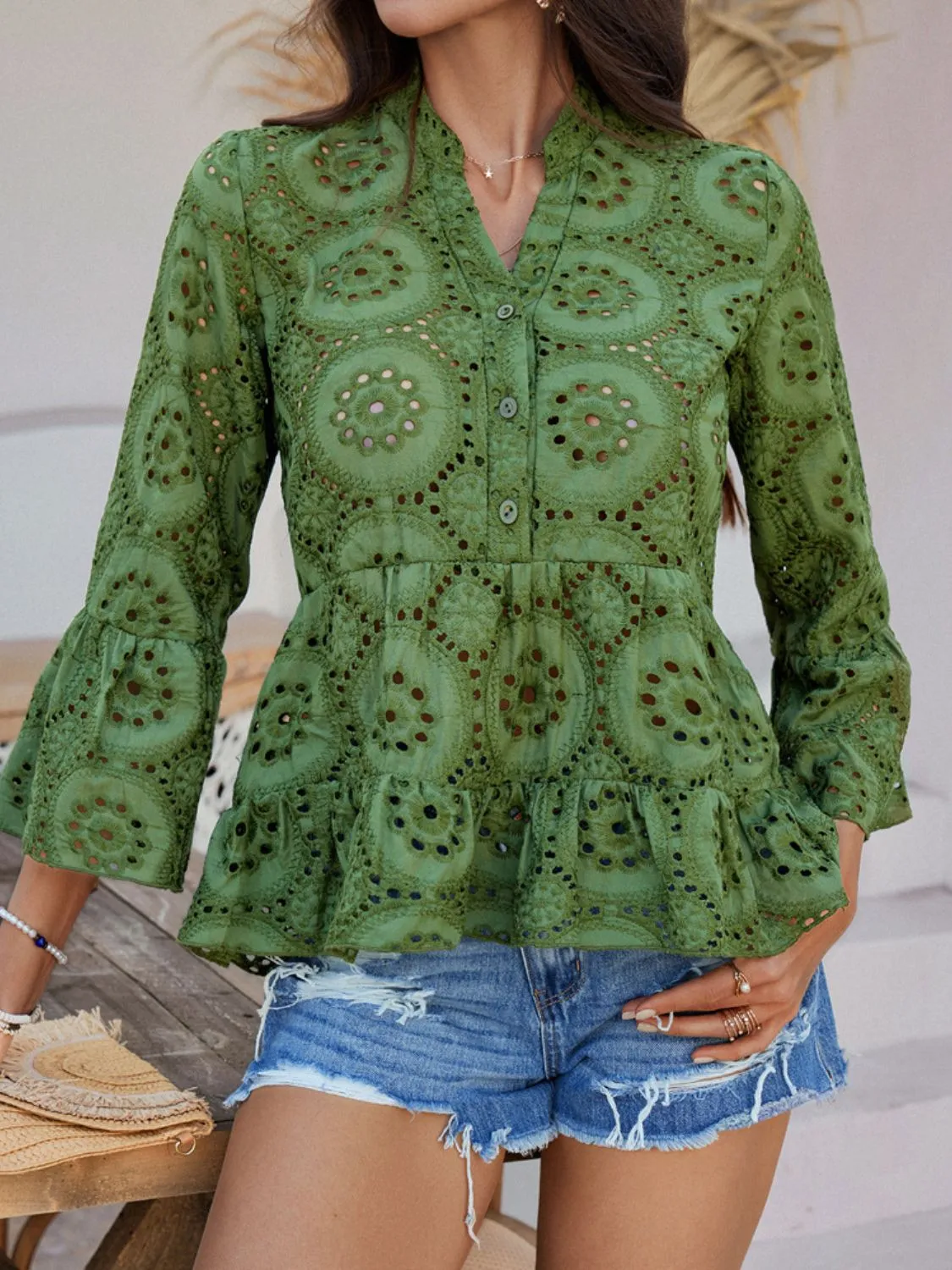 Devine Half Button Flounce Sleeve Peplum Blouse sold by Charming Charlie product image thumbnail 2