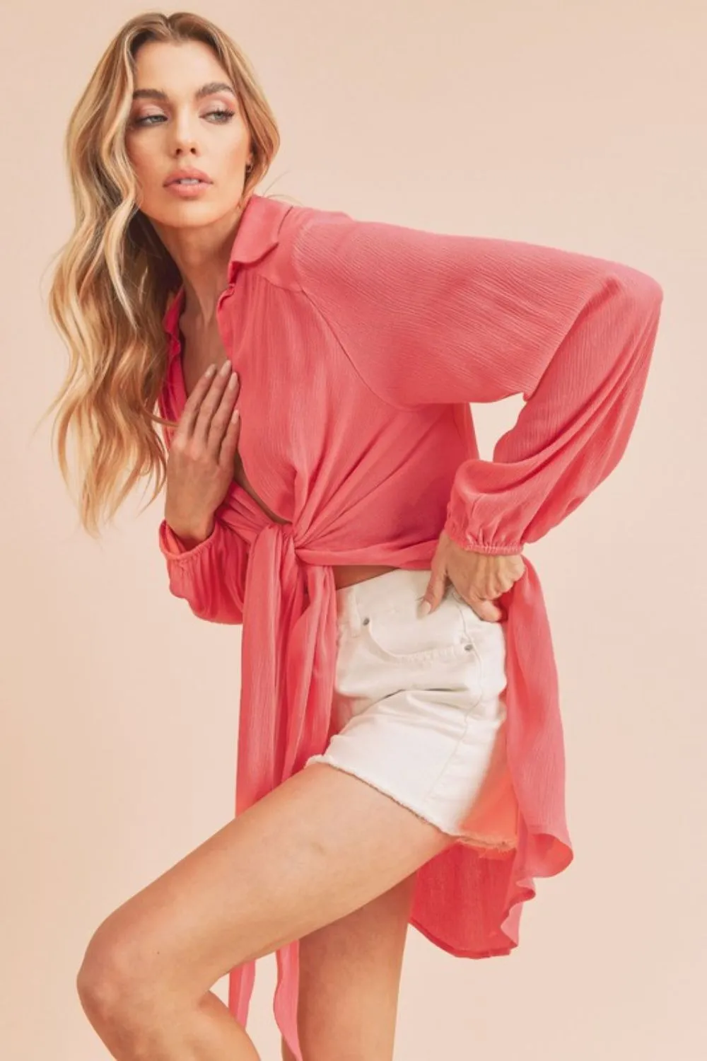Aemi + Co Tied Collared Neck Long Sleeve Top sold by Charming Charlie product image thumbnail 2