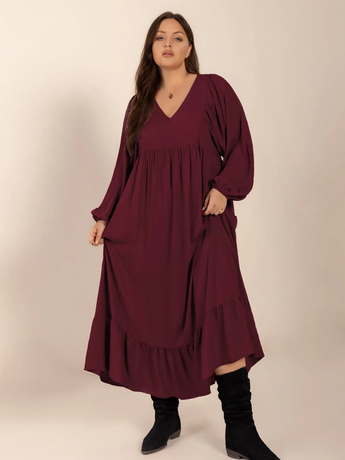 Plus Size Ruffled Hem V-Neck Balloon Sleeve Dress sold by Charming Charlie product image thumbnail 3