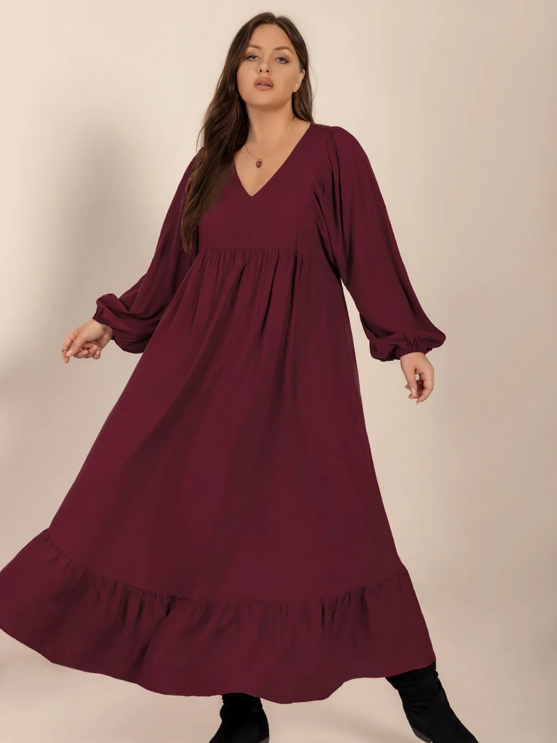 Plus Size Ruffled Hem V-Neck Balloon Sleeve Dress sold by Charming Charlie product image thumbnail 2