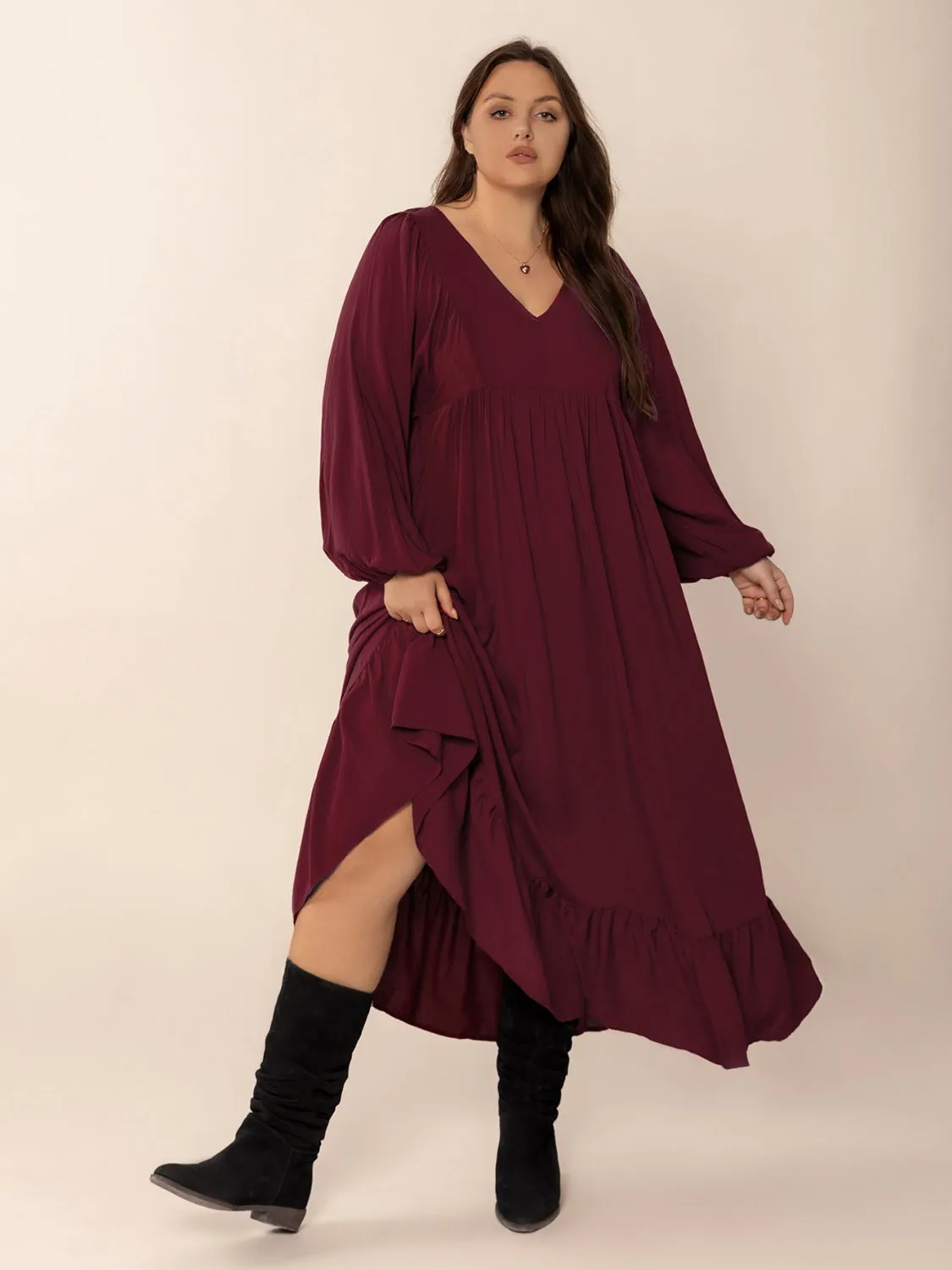 Plus Size Ruffled Hem V-Neck Balloon Sleeve Dress sold by Charming Charlie