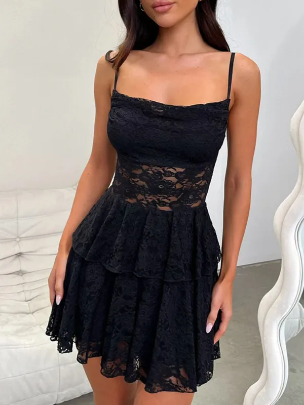 Devine Lace-Up Layered Lace Mini Cami Dress sold by Charming Charlie