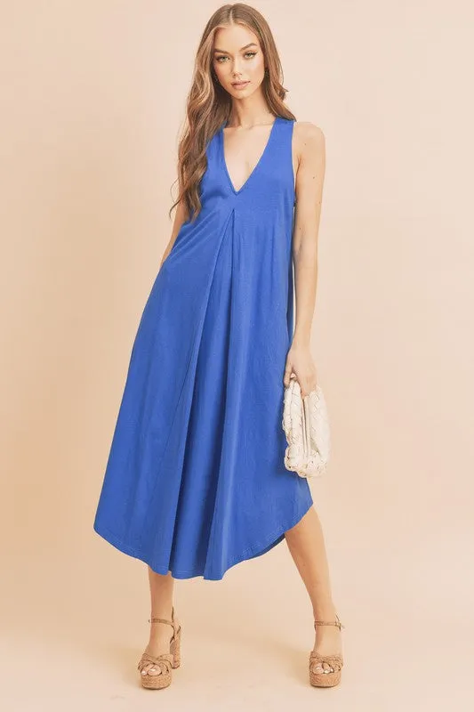 Aemi + Co Front Pleat Detail V-Neck Sleeveless Midi Dress sold by Charming Charlie